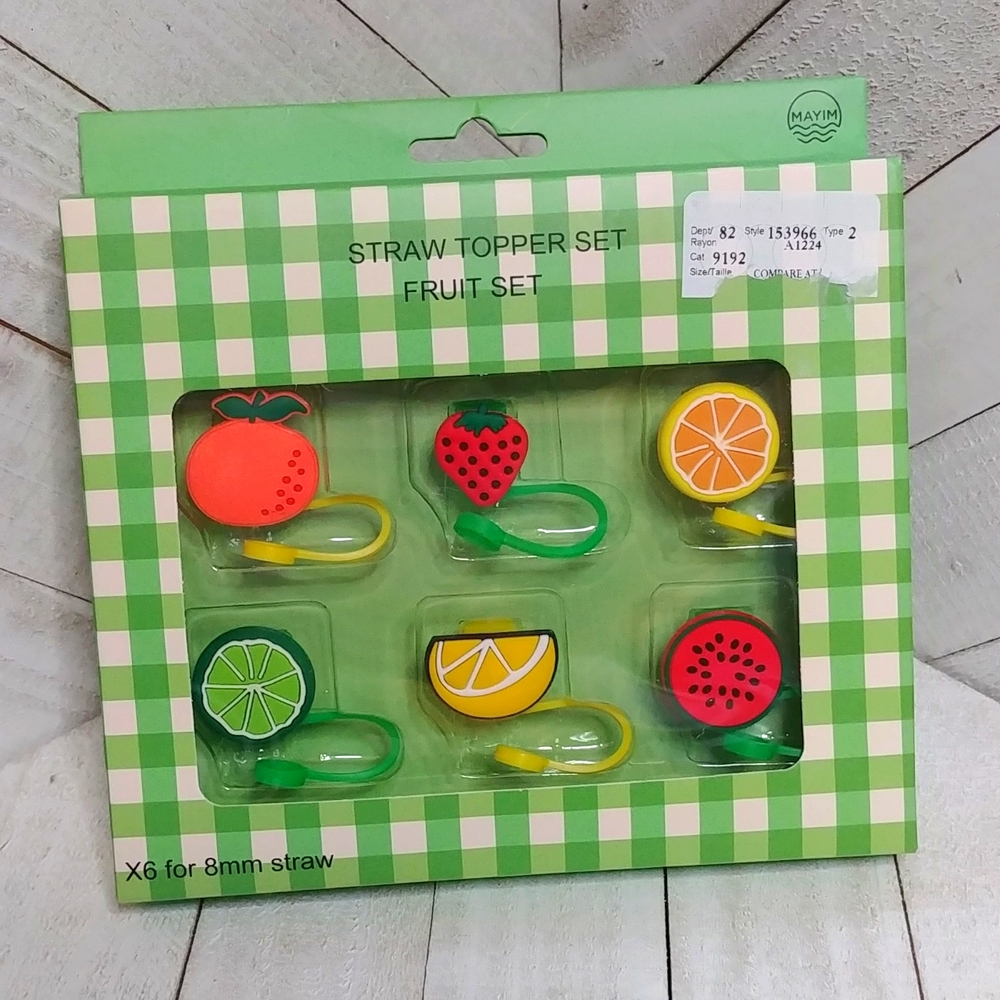 NWT 6 Pc. Fruit Straw Toppers for Tumblers and Travel Cups